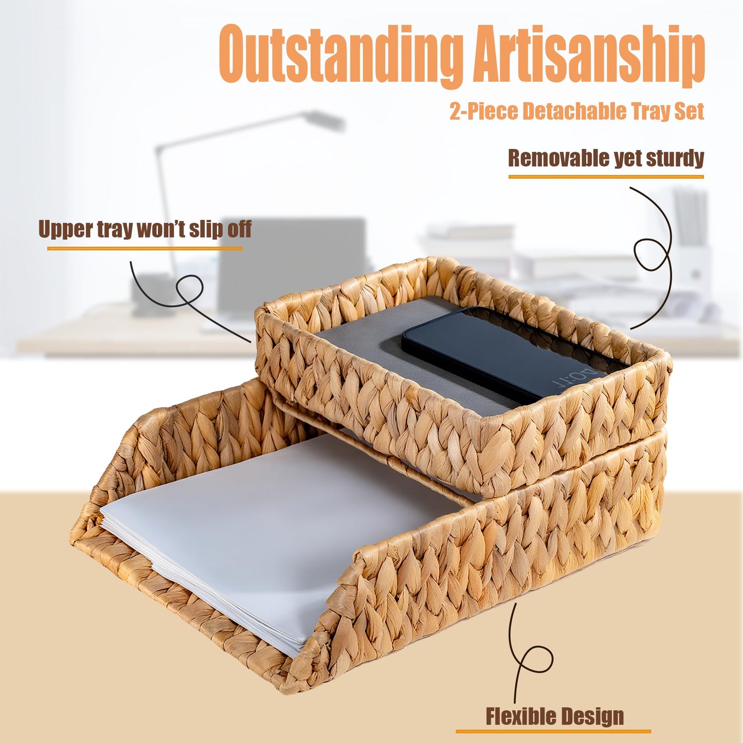 PINXIURY Woven Water Hyacinth Paper Organizer for Desk – Set of 2 Letter Trays – Tabletop Folder & Document Storage Trays – Desktop File Organizer for Home & Office