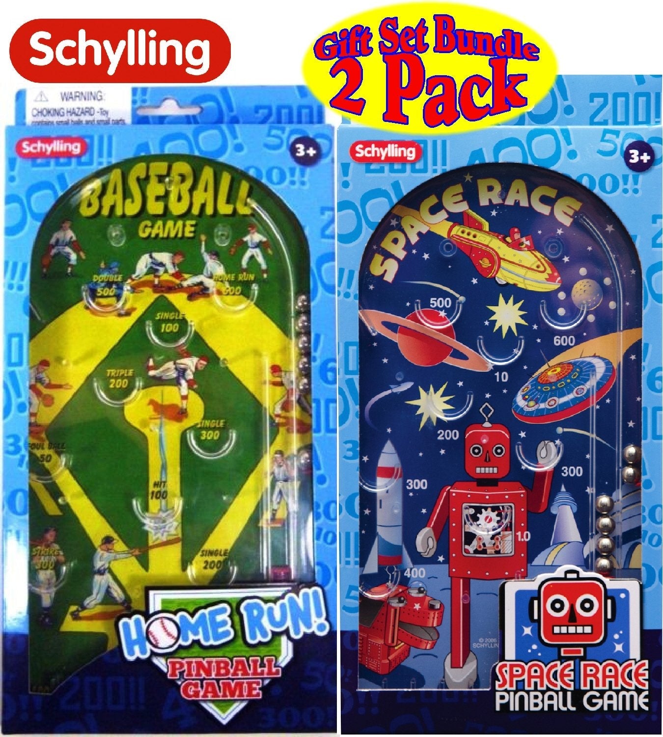 Schylling Classic 10" Pinball Games Space Race & Home Run! Baseball Gift Set Bundle - 2 Pack