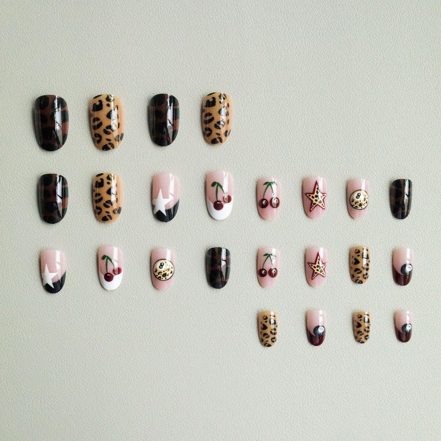 IMSOHOT Press on Nails Short Oval Fake Nails Brown Leopard Print False Nails with Cherry, Billiard Ball Design Full Cover Glossy Stick on Nails for Women