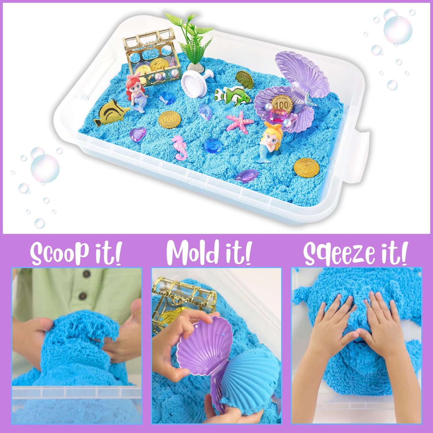 Sensationally OT 38 PCS Mermaid Sensory Bin with 2 lb Magic Sand, Ocean Molds & Treasure Accessories – Creative Sand Play Gift for Girls Ages 3–8