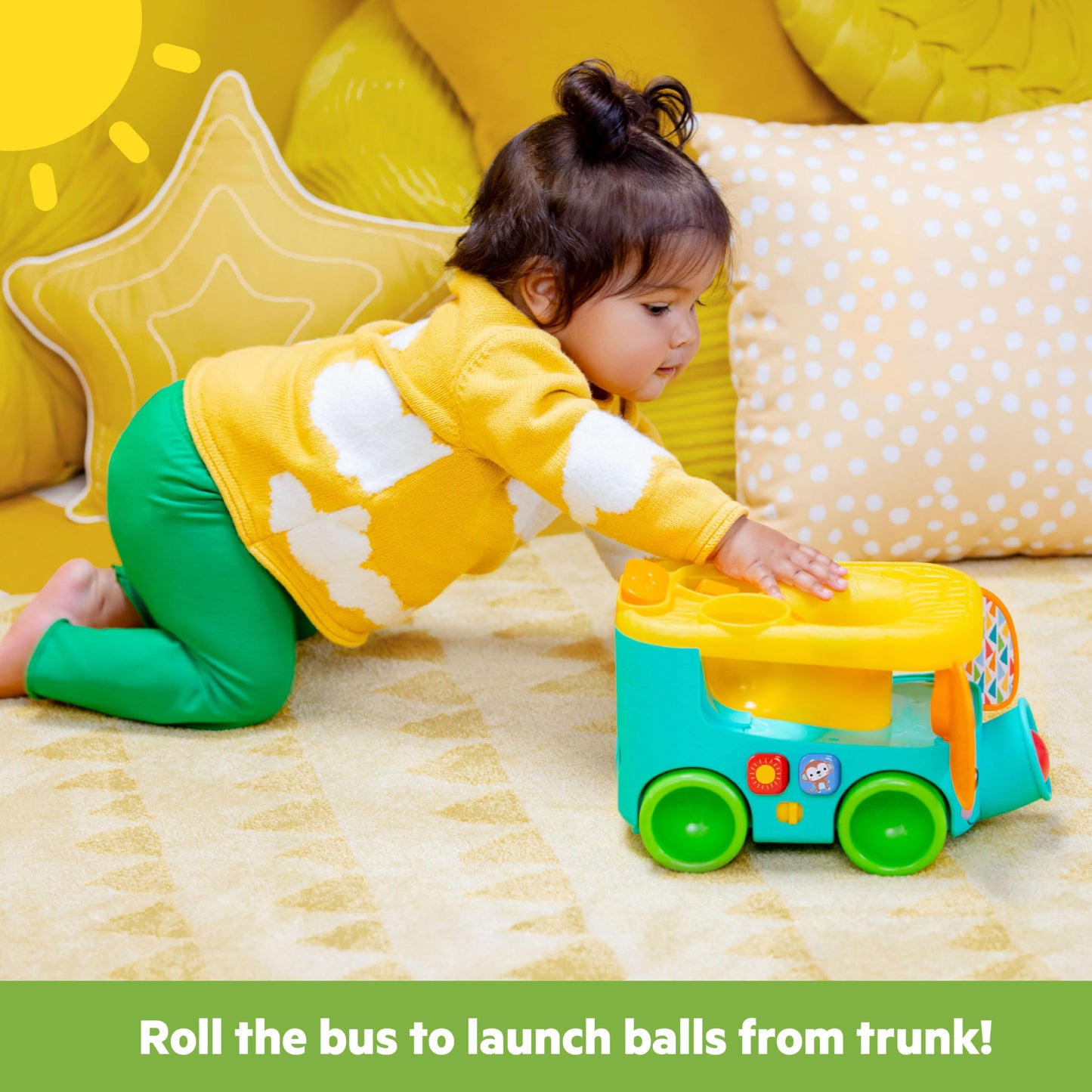 Bright Starts Pop & Roll Safari Bus Ball Play Toy, Elephant Popper and Launcher, Baby Crawling Toy, Unisex, Ages 6 Months+