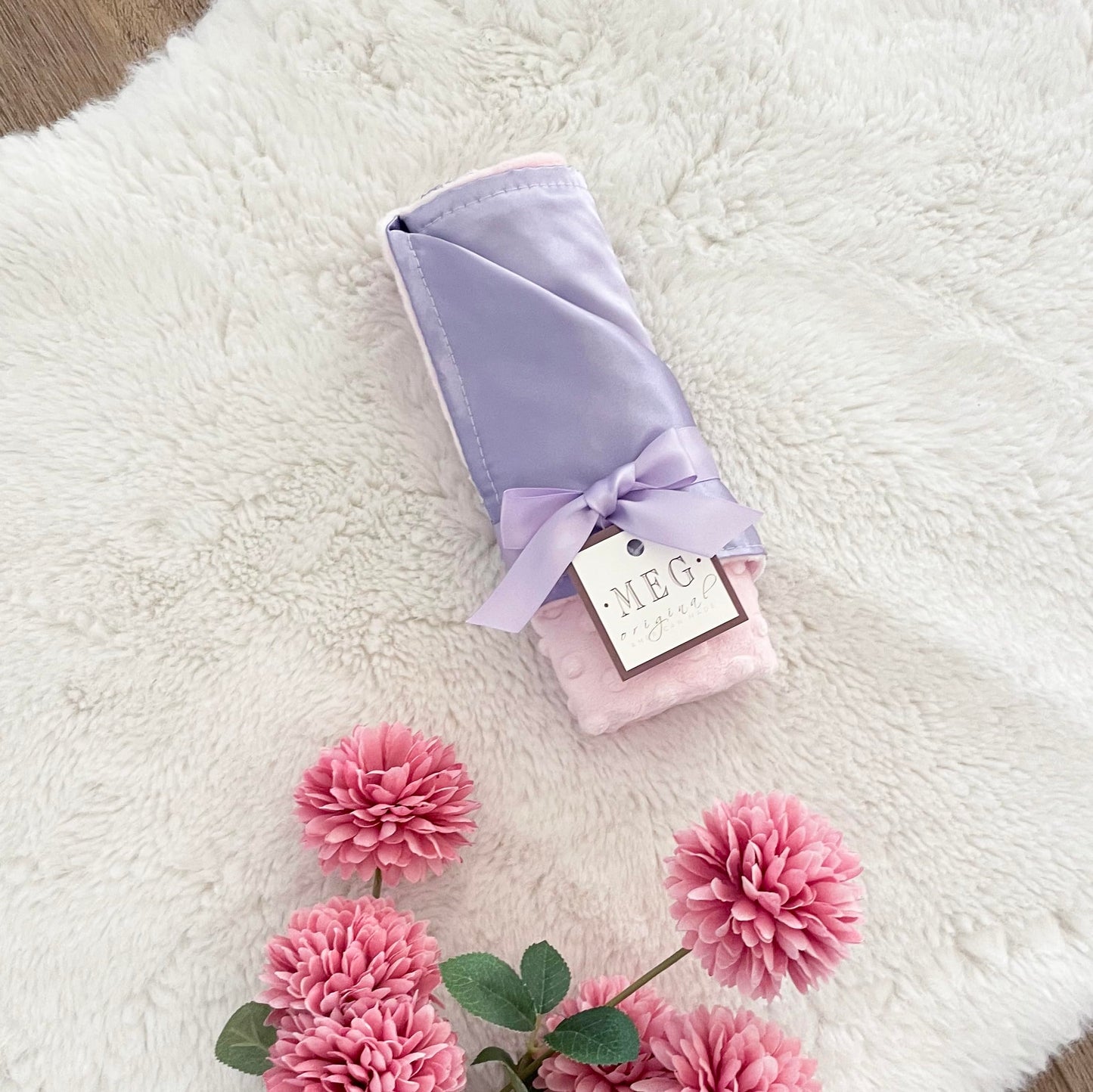 MEG ORIGINAL Baby Girl Security Blanket, Lavender Satin + Minky with Loop (Lavender/Pink)