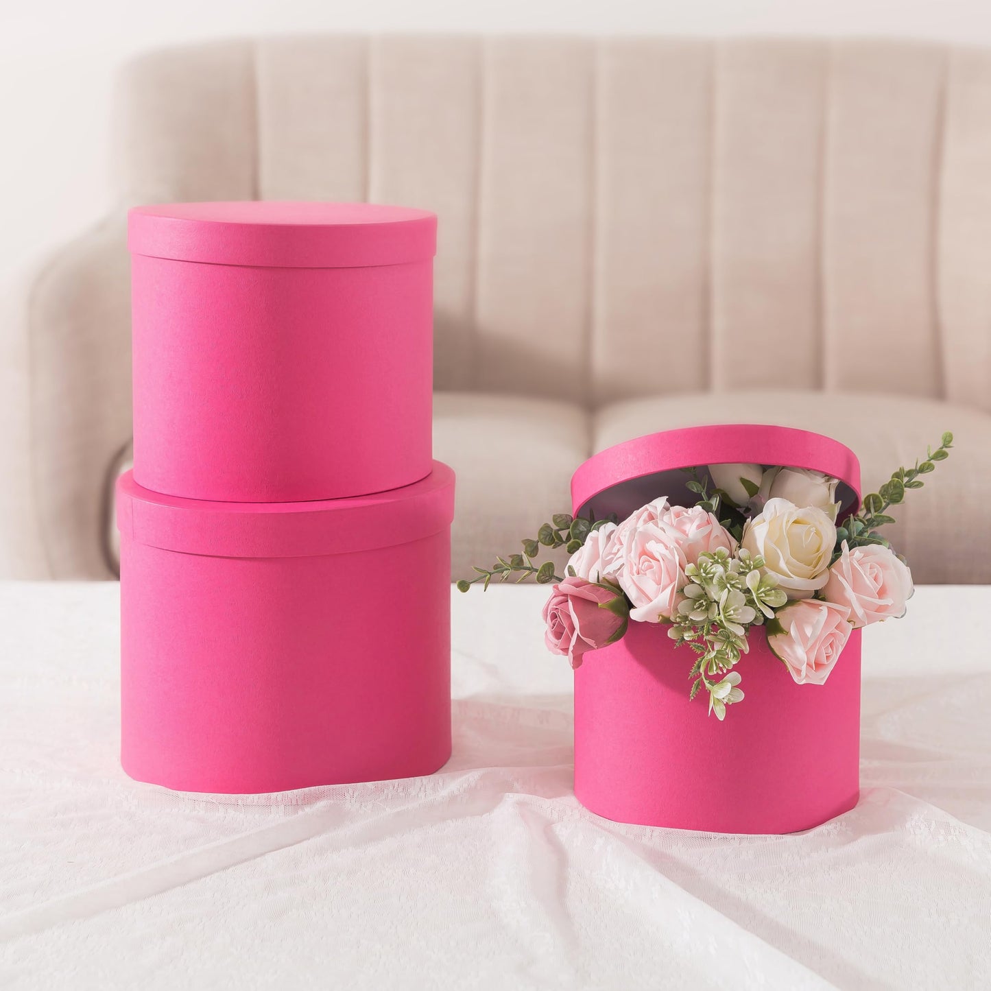 Soul & Lane Round Boxes for Flower Arrangements - Set of 3 - Pink, Cardboard Gift Boxes with Lids, Nesting Floral Circle Storage Containers for Presents and Flowers