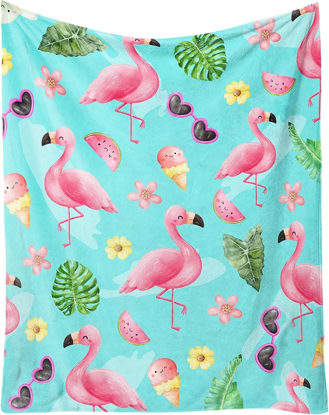 Flamingo Blankets Gifts - 60 x 80 Inches Cute Throw for Adults - Green Soft Fuzzy Plush Flamingo Blankets for Living Room