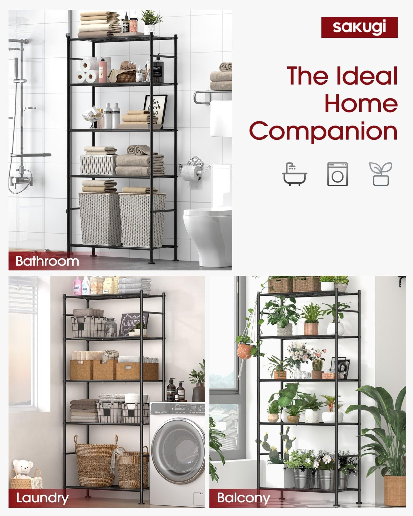 Sakugi Storage Shelves - 5 Tier Shelf Organizer, Heavy Duty Garage Shelving Unit with Leveling Feet, Stable Metal Shelves Organizer for Pantry, Kitchen and Closet, 33.0" W x 12.6" D x 72.0" H, Black