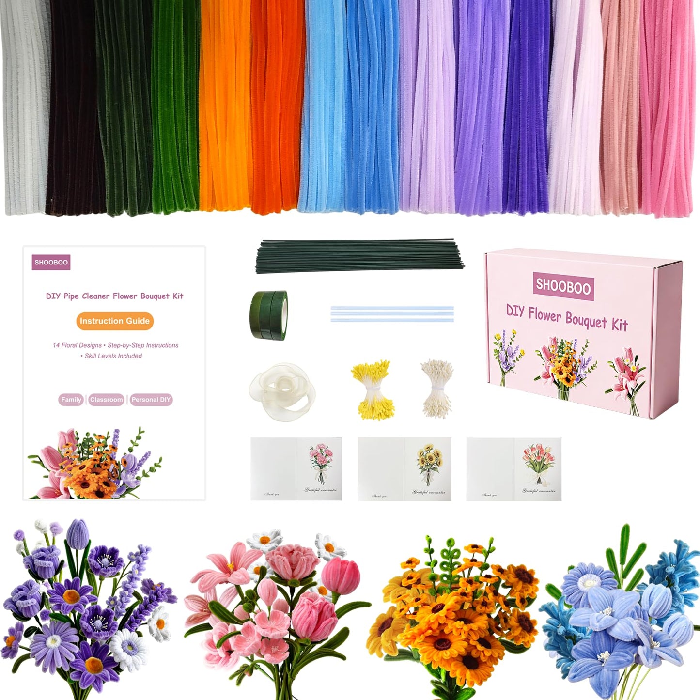 ShooBoo Pipe Cleaner Flower Kit, 700 PCS Pipe Cleaners Craft with 14 Flower Designs Step-by-Step Instruction Guide, 14 Colors Chenille Stems Flower Making Kit with Floral Stems,DIY Craft Supplies