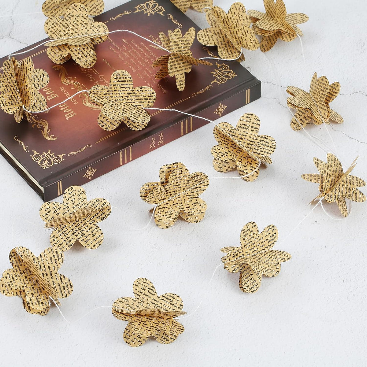 4 Pack 3D Flower Garland Recycled Book Garlands Newspaper Bunting Party Office Bookshelf Banner Wedding Fall Decor Home Decorations (Vintage Flower)