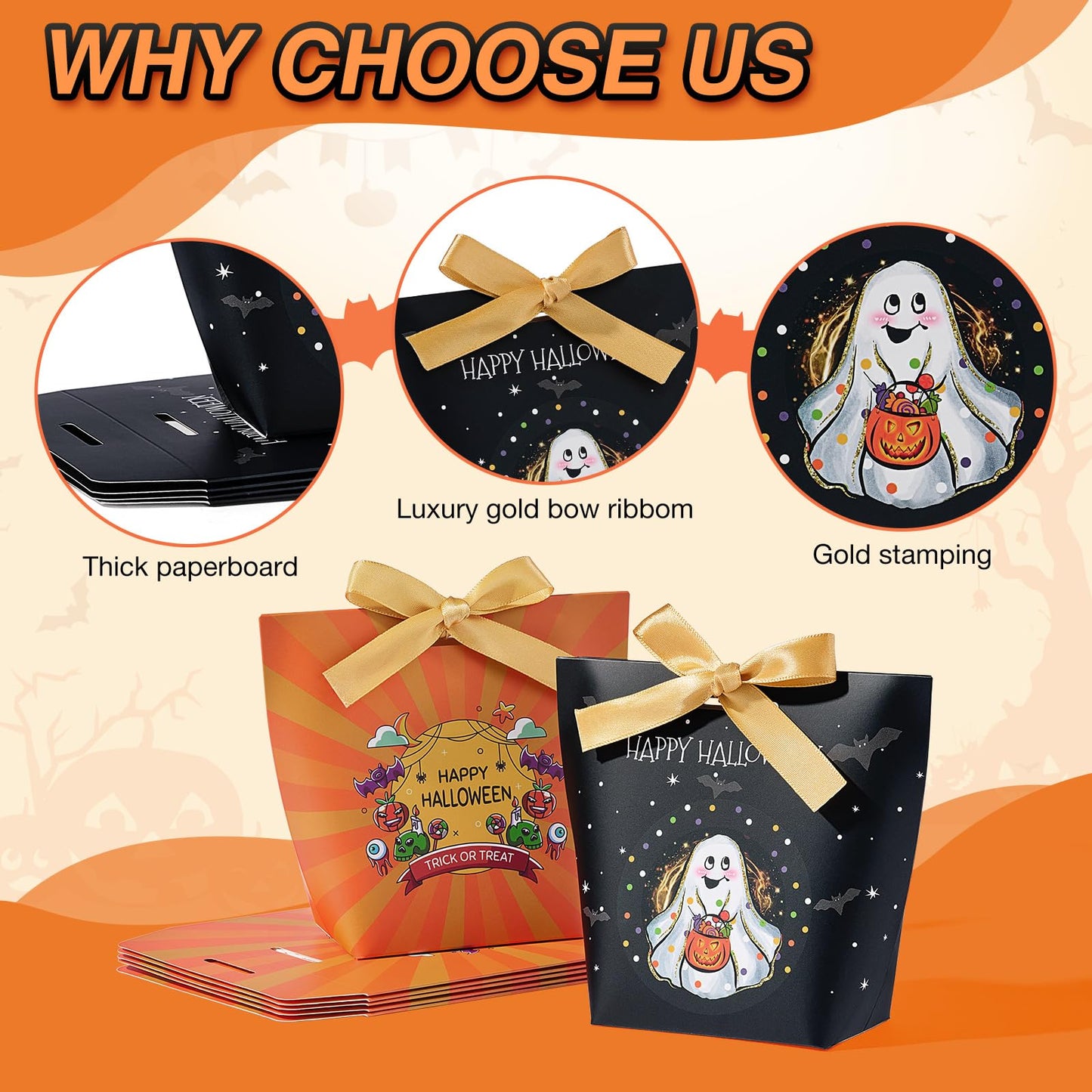 SLShePack 48 Set Halloween Treat Boxes with Ribbons,6 Patterns Gift Bags for Coworkers Decorations Boxes Party Favors Boxes