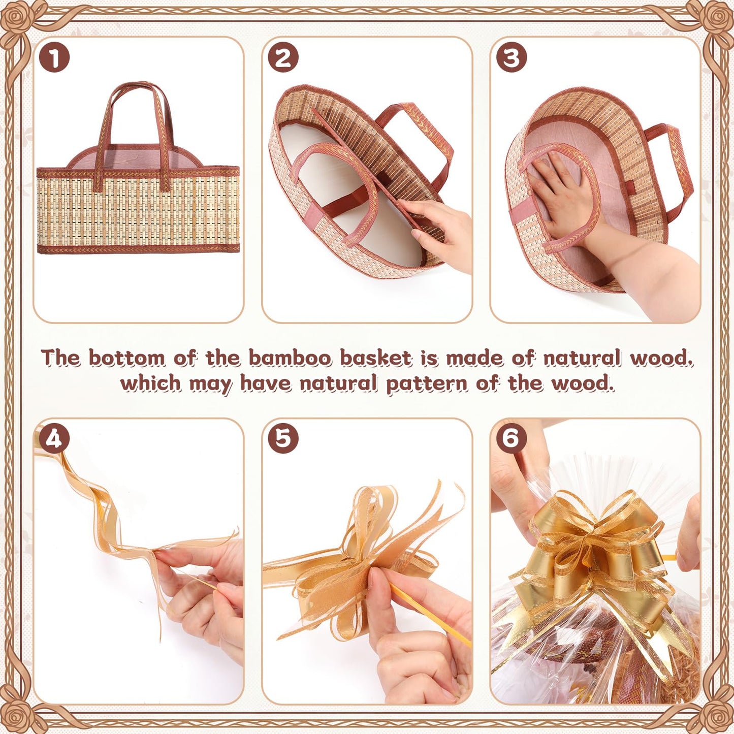 Reallnaive 2 Set Gift Basket Empty Woven Bamboo Storage Baskets with Clear Gift Bags Pull Bows Ribbon Foldable DIY Gifts Basket Kit with Handle for Baby Shower Housewarming