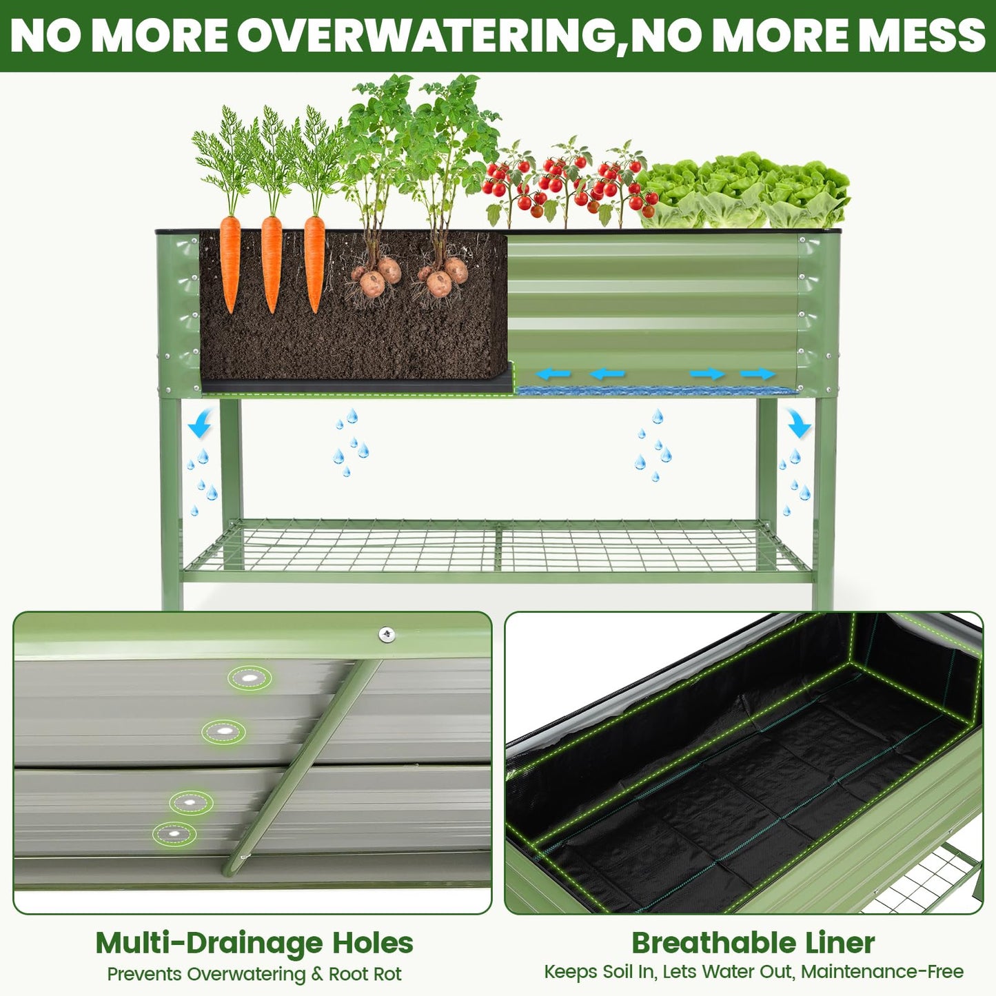 Elevated Raised Garden Bed 2' x 4'- Galvanized Metal Planter Boxes with Legs & Storage Rack, Outdoor Planters for Backyard/Patio/Balcony, with Drainage Holes for Vegetables, Flowers, Herbs, Green