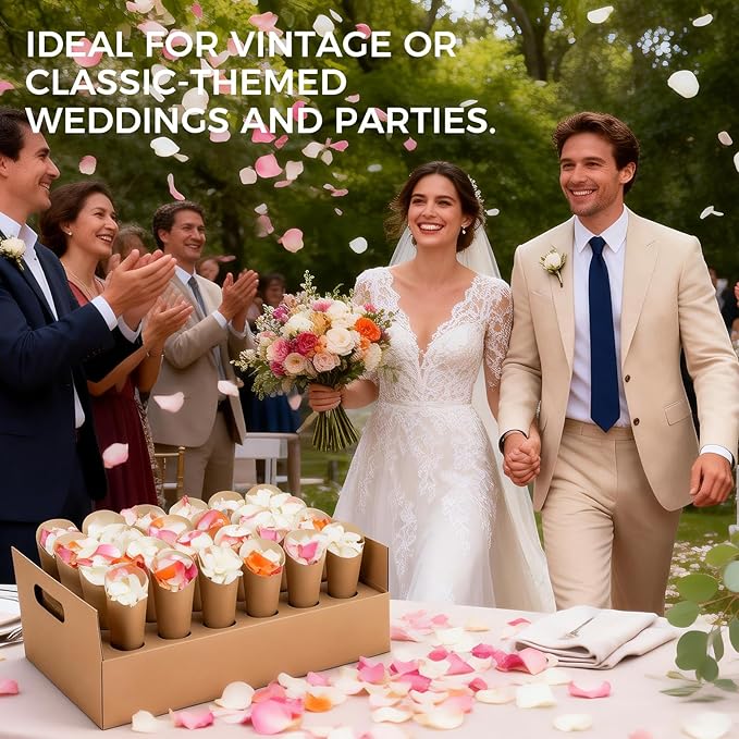 Wedding Confetti Cone Stand Box with Dried Rose Flowers(6 Litres), Includes 2 Biodegradable Cardboard Party Confetti Cone Holder of 24 Holes Each with 48 Cone Papers, Confetti Gift Box for Decoration