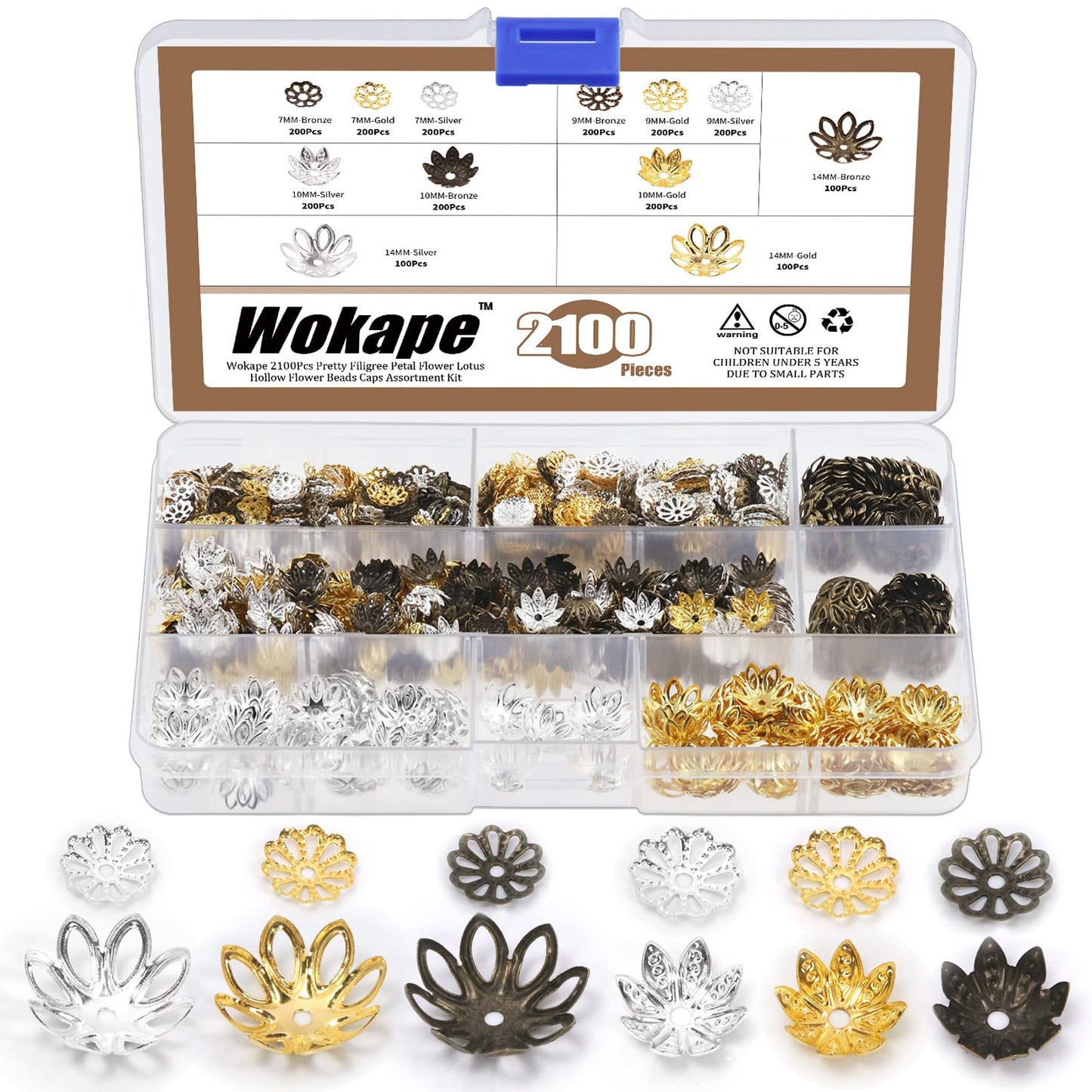 Wokape 2100Pcs 4 Sizes Flower Bead Caps Spacers Assortment Kit for Jewelry Making, Hollow Filigree Beads End Caps Jewelry Findings Accessories