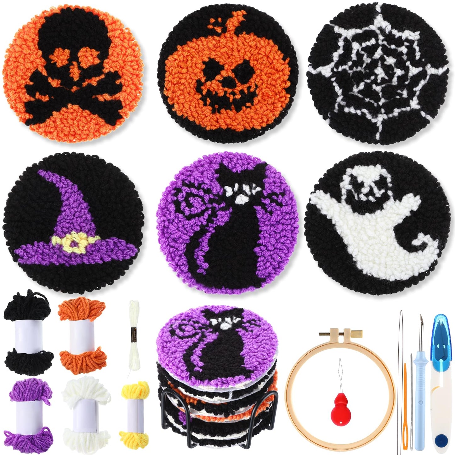 Yaomiao 6 Pcs Halloween Punch Needle Coaster Kit Punch Needle Embroidery Kits Craft Supplies with Patterns Yarns Tools Adhesive Felt Embroidery Hoop Instruction Holder for Adult DIY