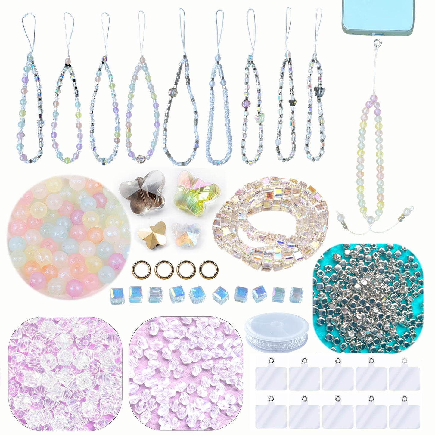 AOUXSEEM Beaded Mobile Phone Chains Making Kit, Can Make 10 Pcs Cell Phone Wrist Straps, Assorted Crystal Diamond/Butterfly/Metal/Round Beads for Girls DIY Handmade Gifts