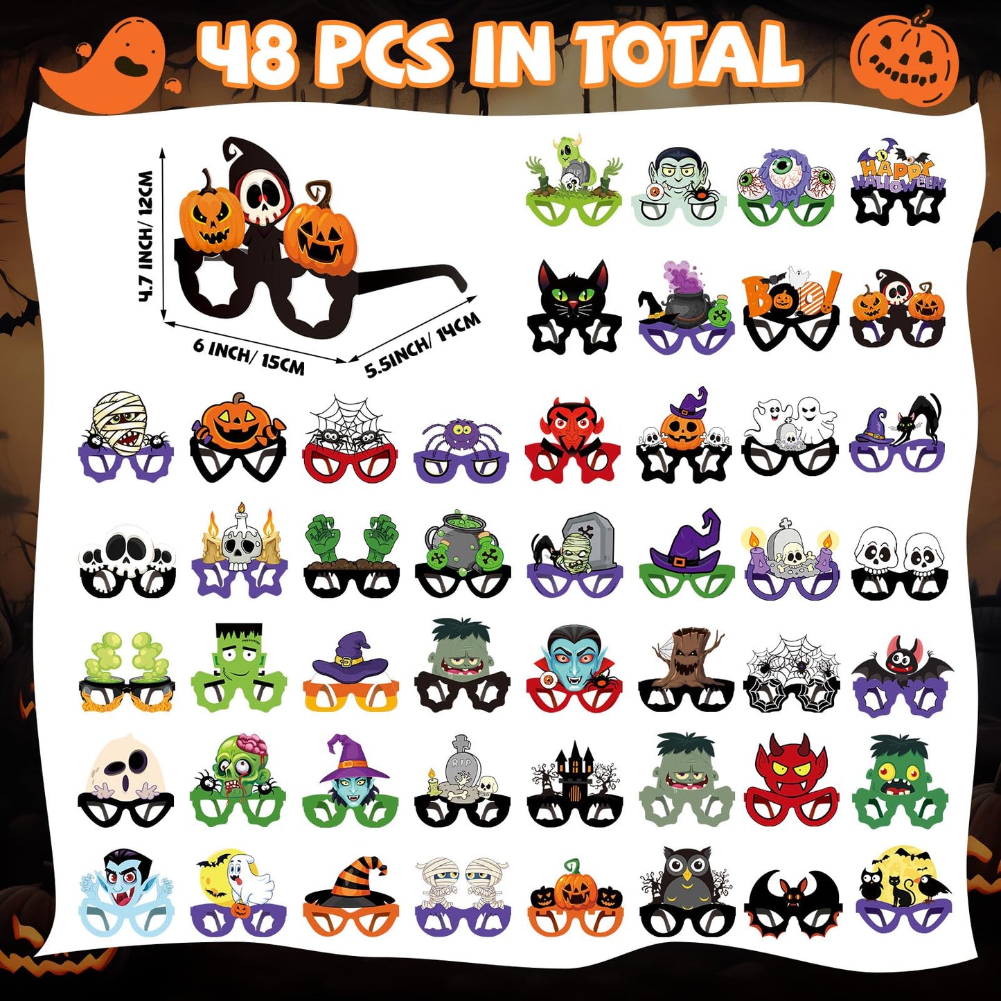 Liliful 48 Pcs Halloween Funny Glasses, Paper Novelty Party Ghost Eyeglasses Bat Pumpkin Spider Sunglasses for Halloween(Classic)