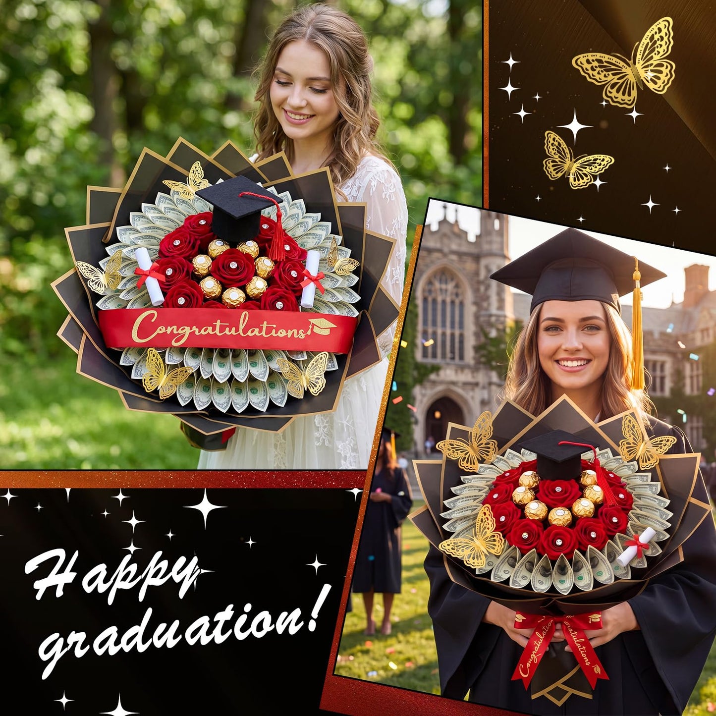 Gilprop 45 Pcs Graduation Flower Bouquet Kit Include 12 Butterfly Decorations 4 Mini Grad Cap 4 Certificate Scrolls Floral Tapes Wraps 25 Diamond 2026 Grad Party Decor Flower Bouquet Gift (Red)