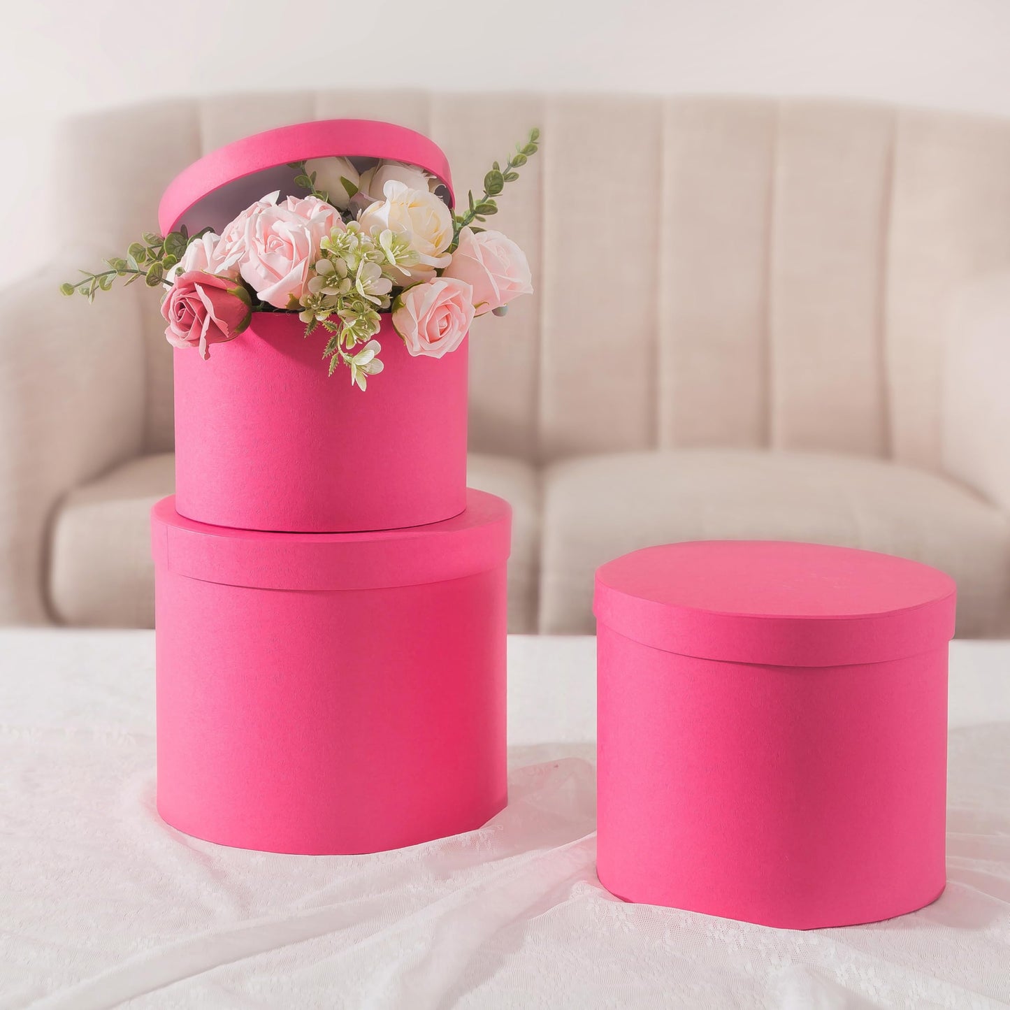 Soul & Lane Round Boxes for Flower Arrangements - Set of 3 - Pink, Cardboard Gift Boxes with Lids, Nesting Floral Circle Storage Containers for Presents and Flowers