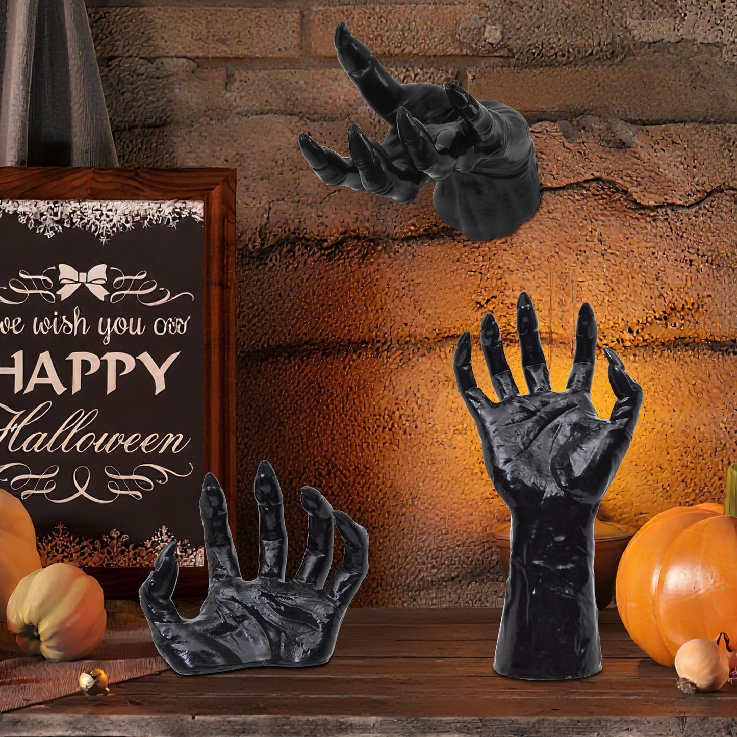 Halloween Decorations Indoor Gothic Decor: Pack of 3 Wall Mounted Creepy Reaching Hands with Lighted Candles for Gothic Wall Decorations