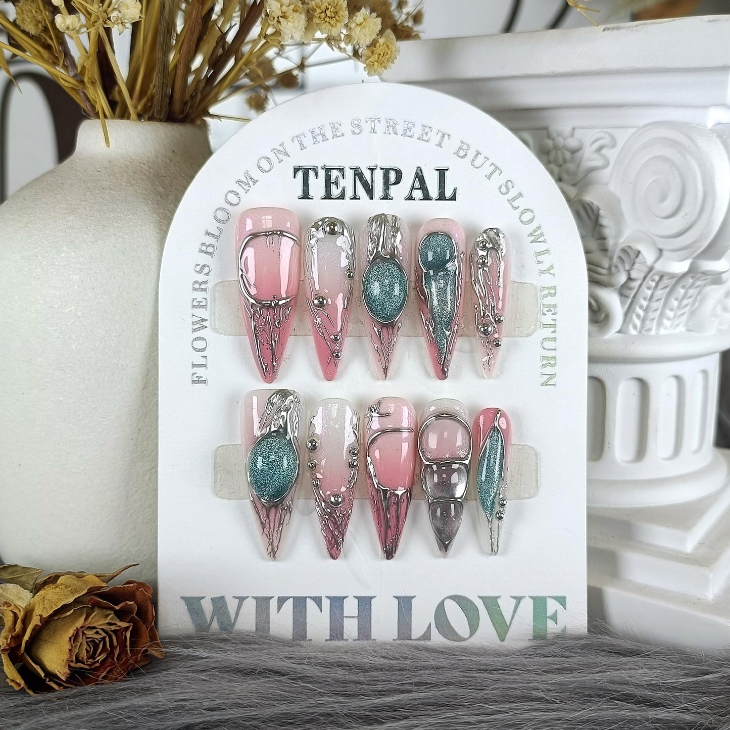 TENPAL Long Stiletto Press on Nails,Pink-Silver Holographic Gradient Hand-Painted Moons Fake Nails with 10pcs Tools,3D Cat Eye Glitter False Nails,Edgy Meteors Design Sweet-Edge Metal Nails(S)