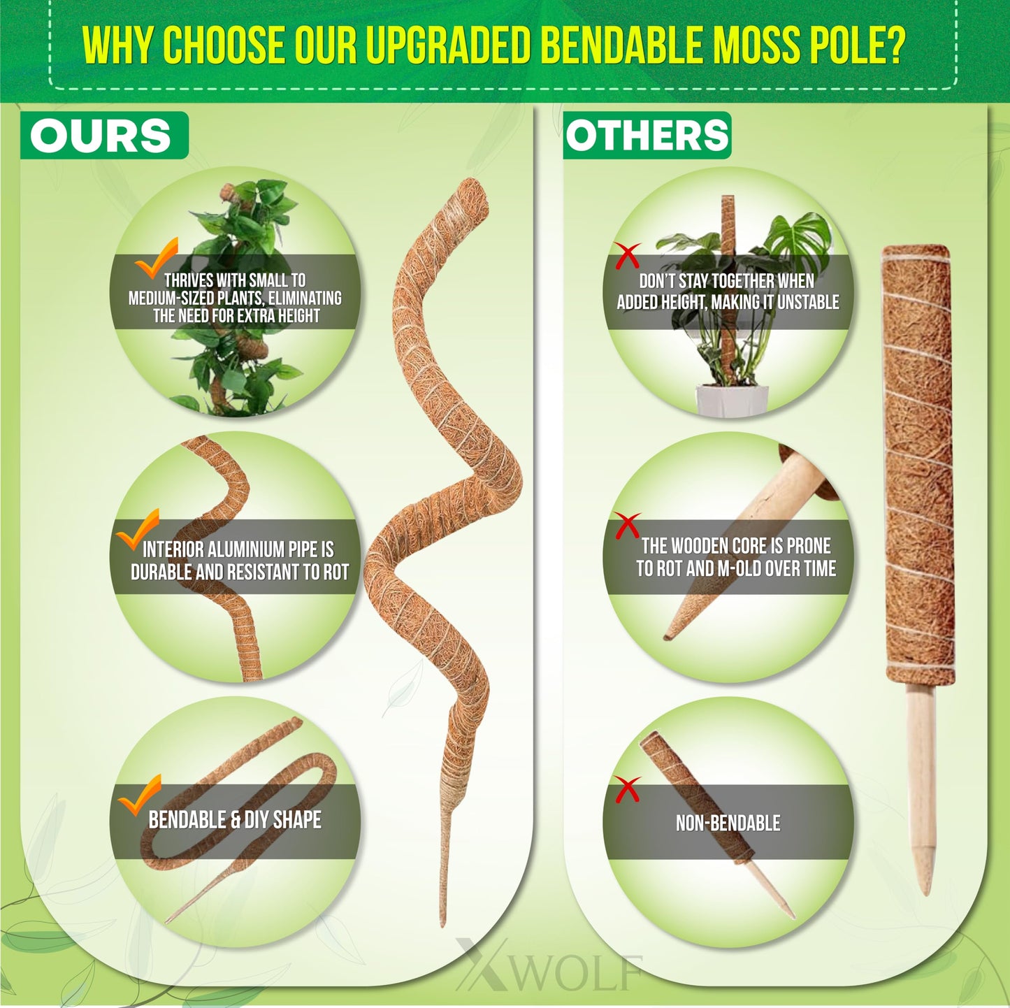 XWOLF 3 Pack Bendable Moss Pole 28" 48" 63" Monstera Plant Support for Climbing Indoor Plants, Tall Coir Plant Pole Sticks & Plant Stakes for Pothos, Philodendron & Potted Plants, Includes Plant Ties
