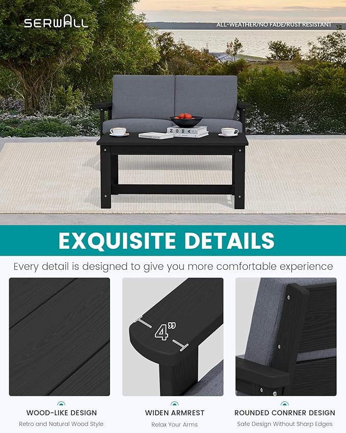 SERWALL Outdoor Loveseat, Black Frame and Grey Cushion