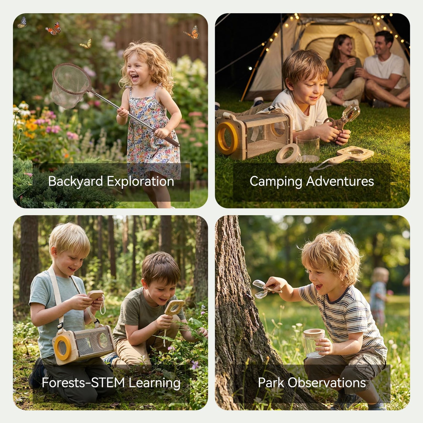 Wooden Bug Catcher Kit for Kids 3-8, 10PCS Durable Outdoor Explorer Kit with Magnifying Glass, Net & STEM Guide, Catch & Release Adventure Set for Backyard & Camping