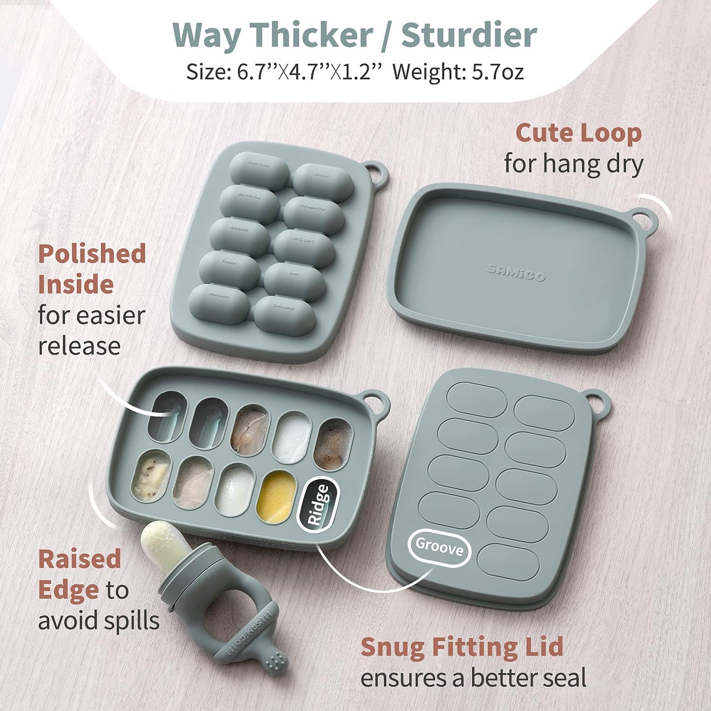 SAMiGO Baby Food Fruit Feeder and Breastmilk Popsicle Mold Set, Silicone Fruit Teether, Food Feeder Pacifier for Teething Relief, Freezer Tray, Baby Feeding Essentials, 4 Months+