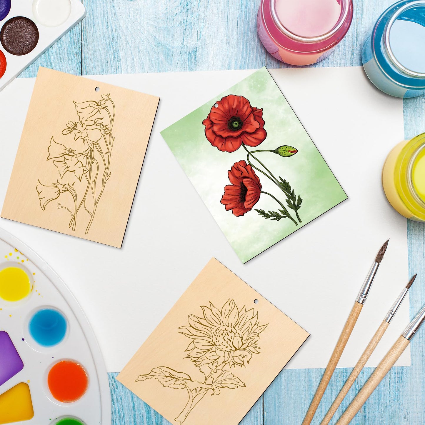 COCHIE 10 Pieces Large Flowers Unfinished Wood Crafts to Paint for Adults, Bulk Predrilled Wooden Ornaments for Painting, Tulips Flower Paintable Wood Slices Craft Supplies with Ropes