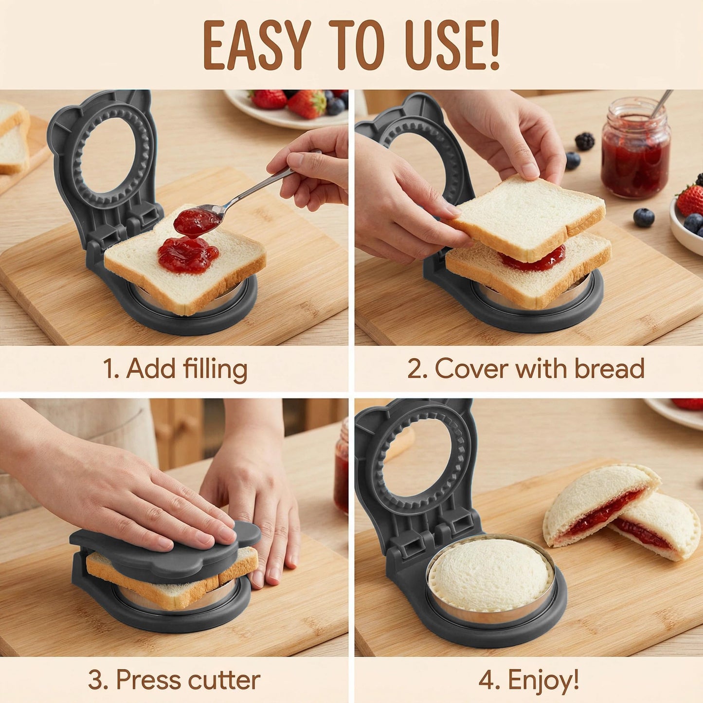 Sandwich Cutter and Sealer Set, 3 Pack Crustless Sandwich Maker for Kids Lunch, Dishwasher Safe PB&J Press Tool, Pink Heart, Blue Round, Grey Square