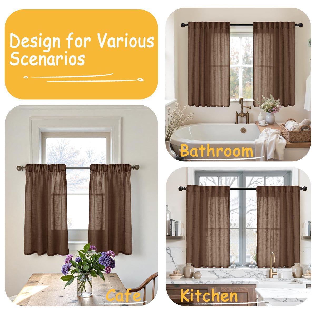 Brown Linen Semi Sheer Curtains 45 Inches Long 2 Panels (2 Count)