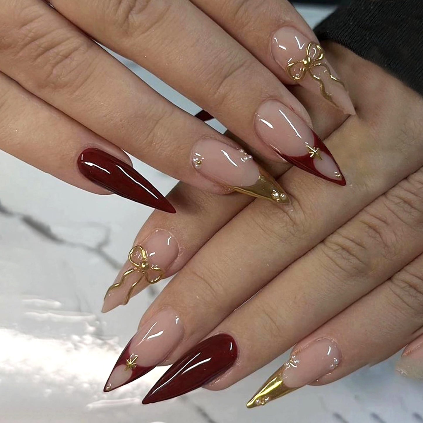 MERVF 24Pcs Long Stiletto Press on Red Gold French Tip Fake Nails with 3D Bow, Pearls Design Glue ons Acrylic Luxury Glossy Finish Manicure