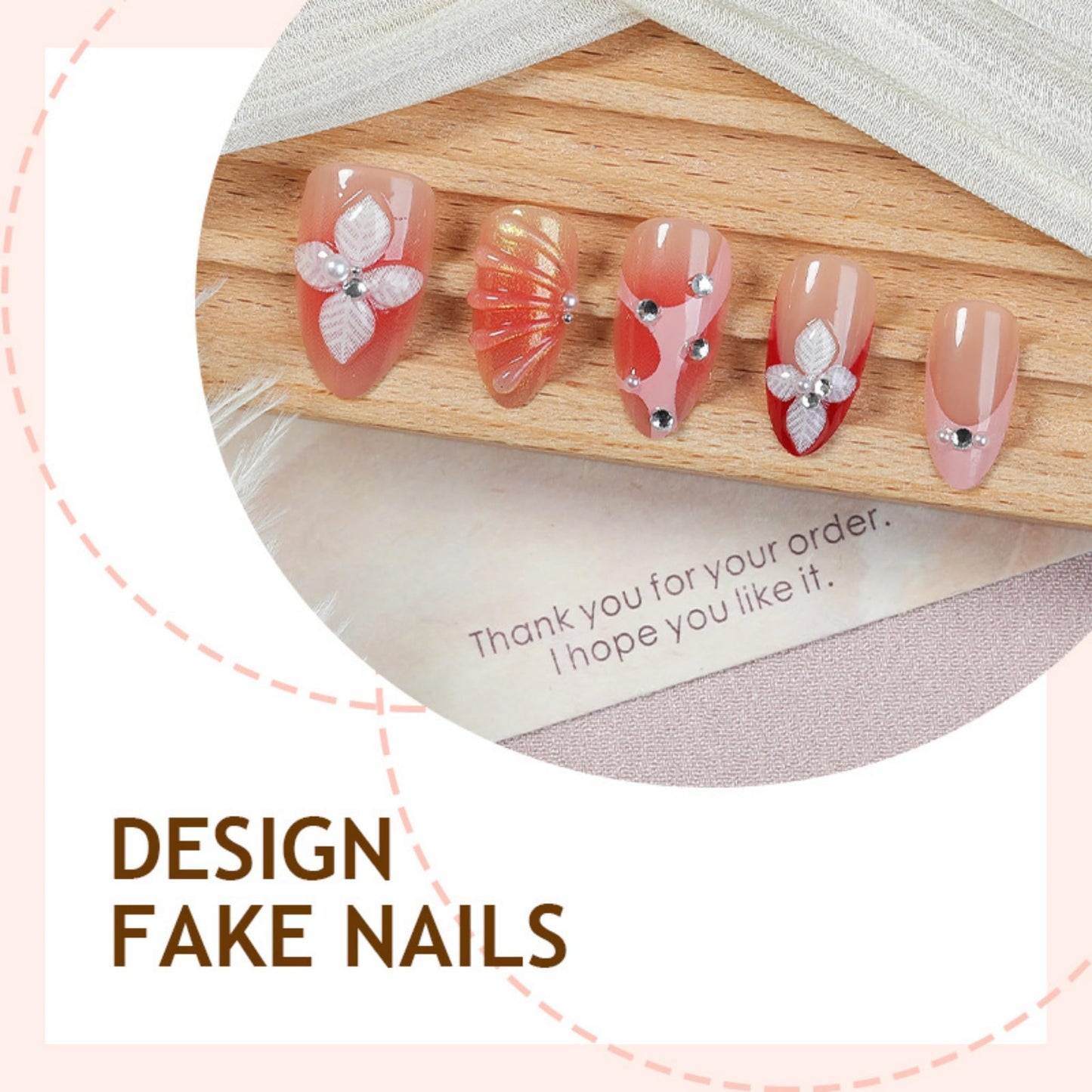 Almond Press on Nails Long Fake Nails Red Artificial Nail SEENEEY Flowers Pearl Cute Stick on Nail for Women 24pcs