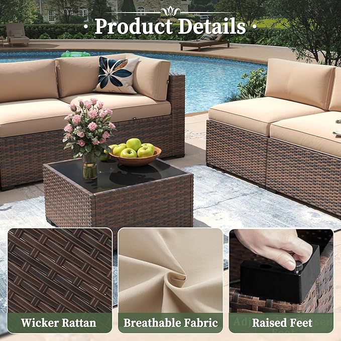 Aoxun 11 Piece Patio Furniture Set with 44” Fire Pit Table Wicker Rattan Outdoor Sectional Sofa Set with Coffee Table and Thickened Cushions, Beige (Waterproof Cover Included)