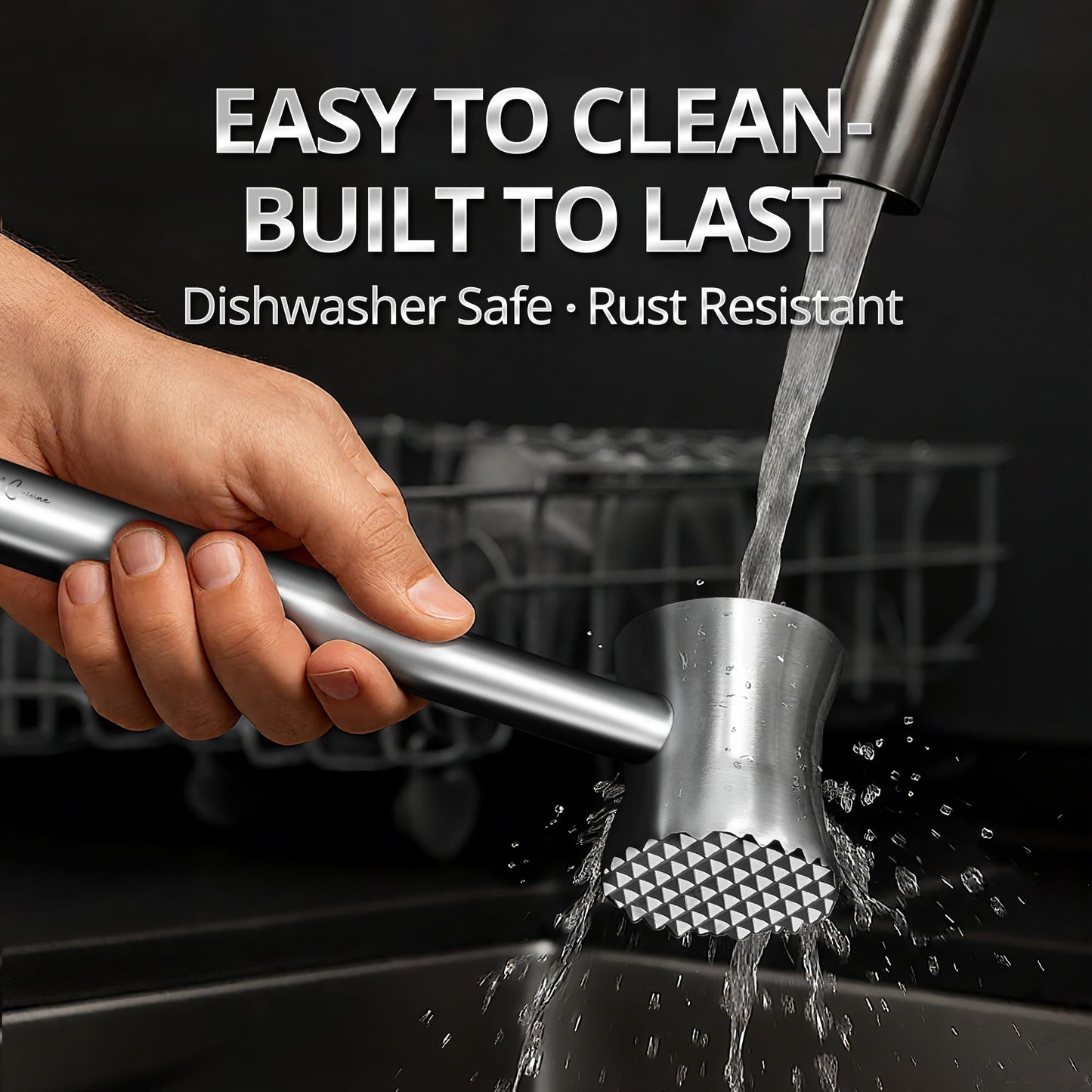 Stainless Steel Meat Tenderizer Hammer – Heavy-Duty All-Metal Design, Anti-Rust & Dishwasher Safe – Textured Surface for Steak, Chicken, Pork, and More,6 - YEAR WARRANTY