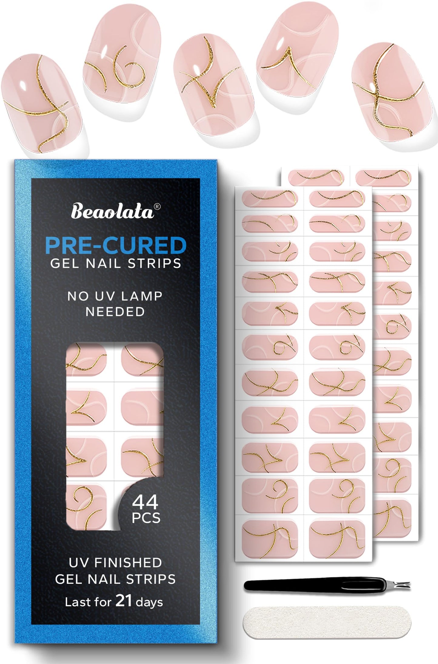 Beaolata Real Gel Nail Strips (No UV Light Needed) - 44Pcs Salon Quality Nail Stickers - Long Lasting Polish Wraps for Women, Easy Apply & Remove (Whispering Gold)