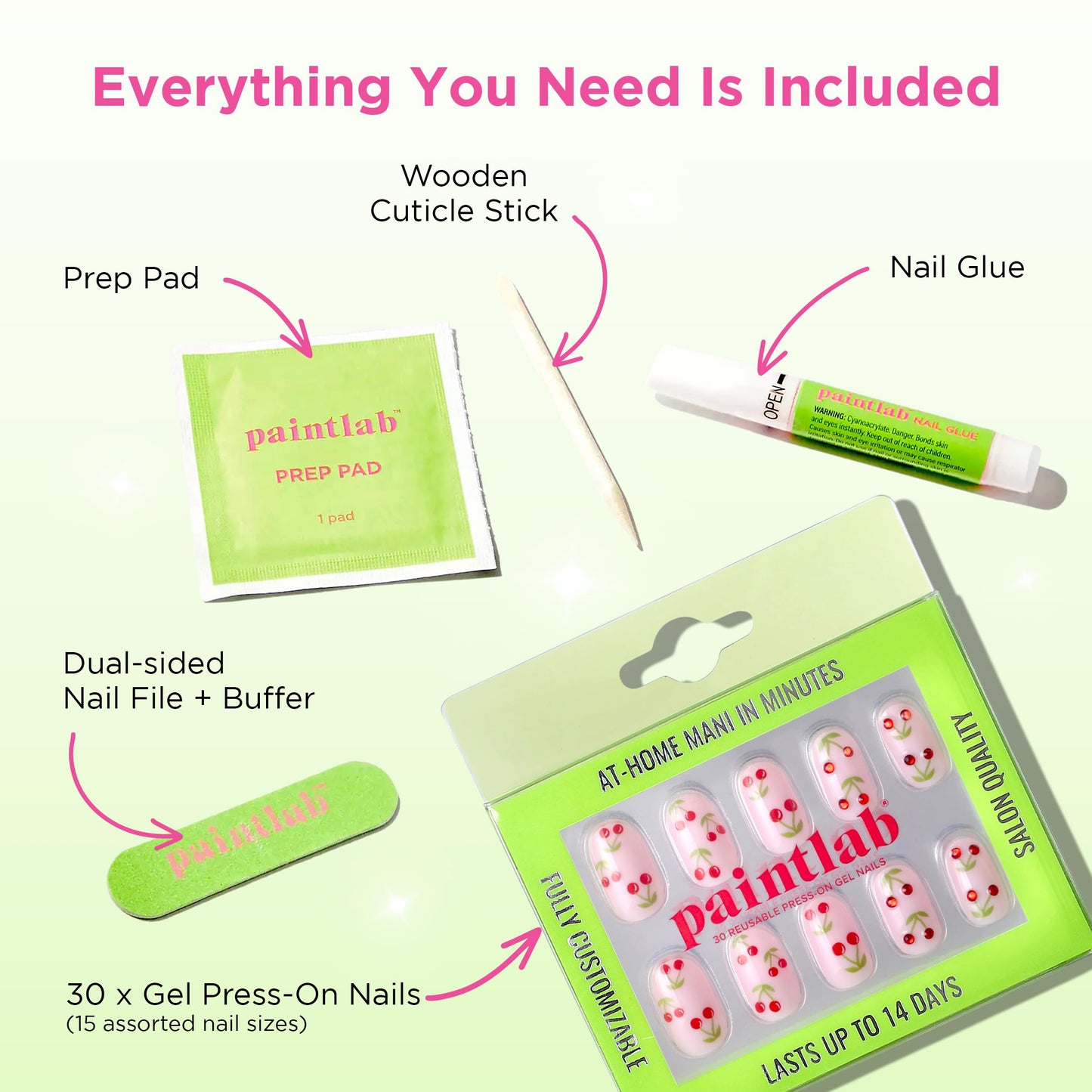PaintLab Press On Nails - Fruit Cherry Bomb II Oval Fake Nails, 30 Nails in 15 Sizes with Glue, Reusable Salon Quality Press On Nails