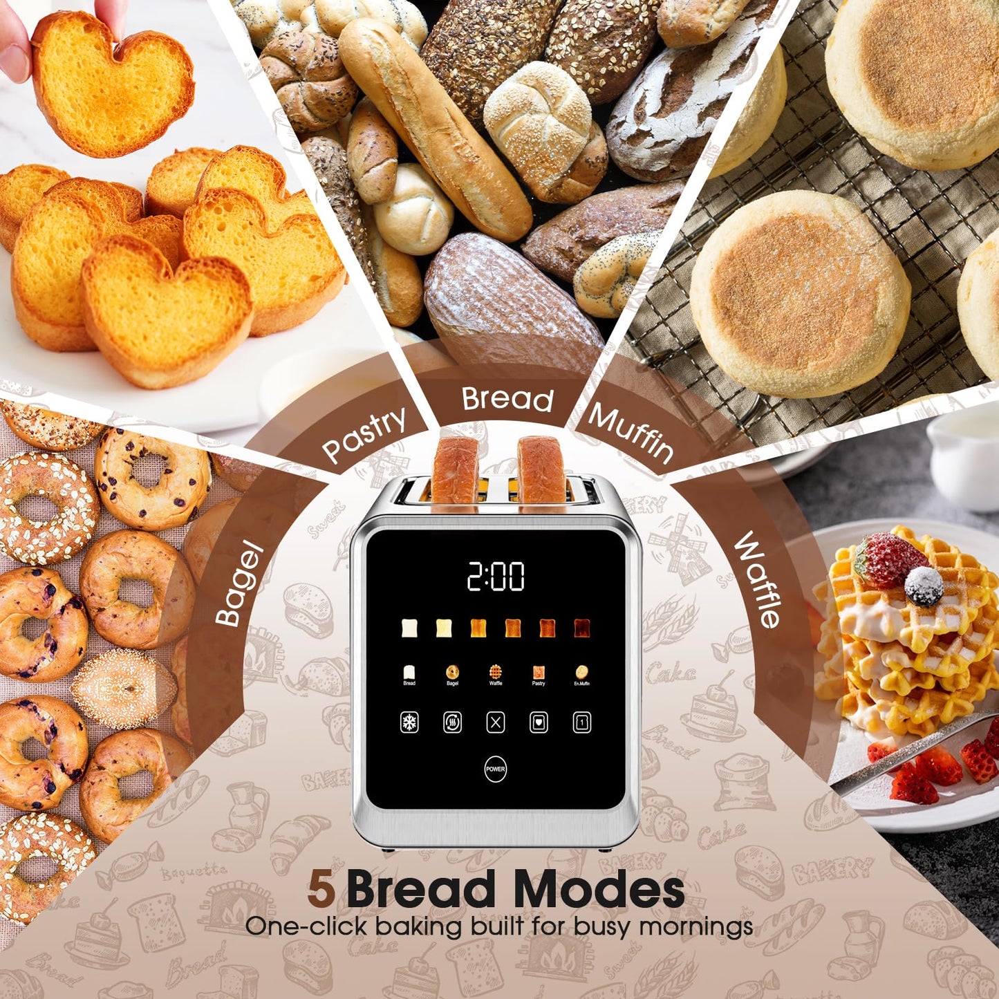 Touch Screen Toaster 2 Slice, Stainless Steel Smart Digital Toasters with Single Slot Toasting, Memory Function, 5 Bread Types & 6 Shade Settings,1.5" Wide Slot, 900W