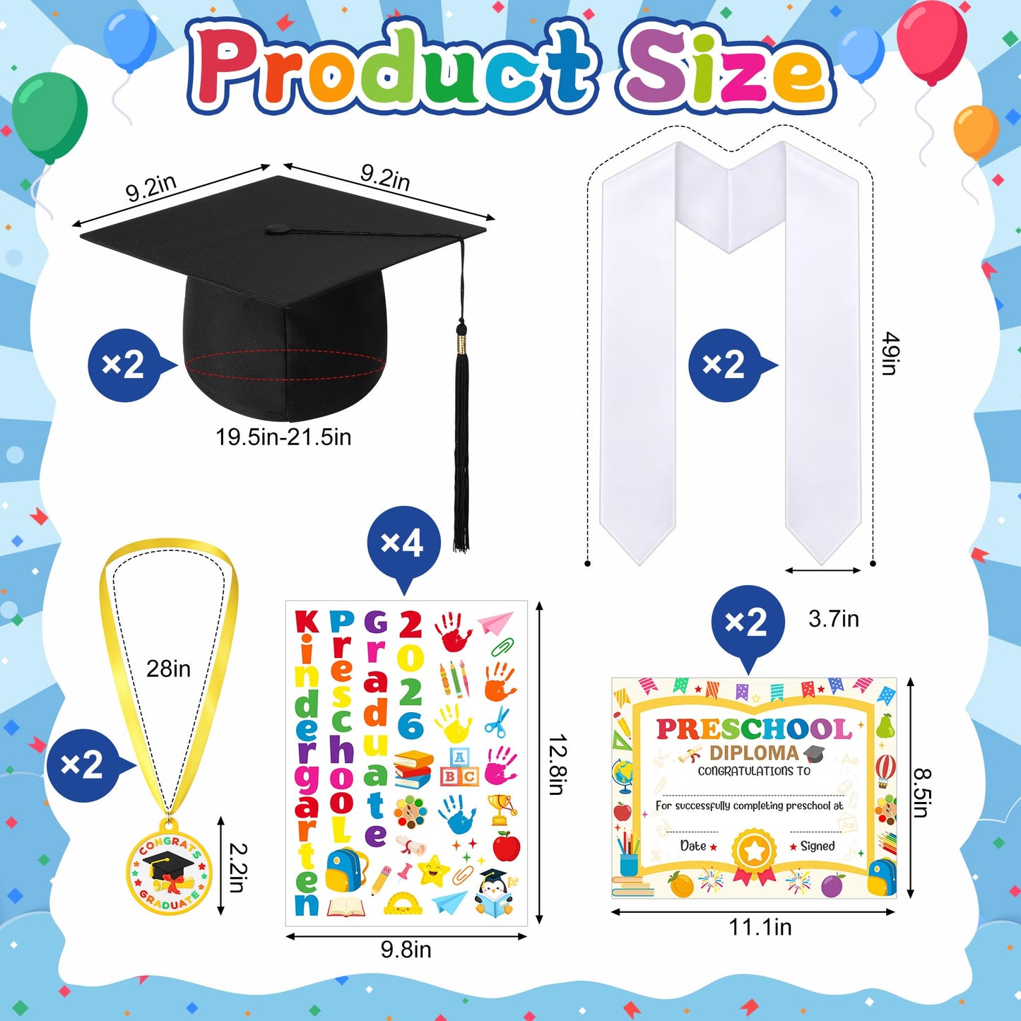 Wehhbtye 12 Pcs Preschool Kindergarten Graduation Cap Stole Iron on Letter Set, Preschool Graduation Cap Stole Decoration Includes Iron on Letters Certificate Medal for Kids Students DIY Craft