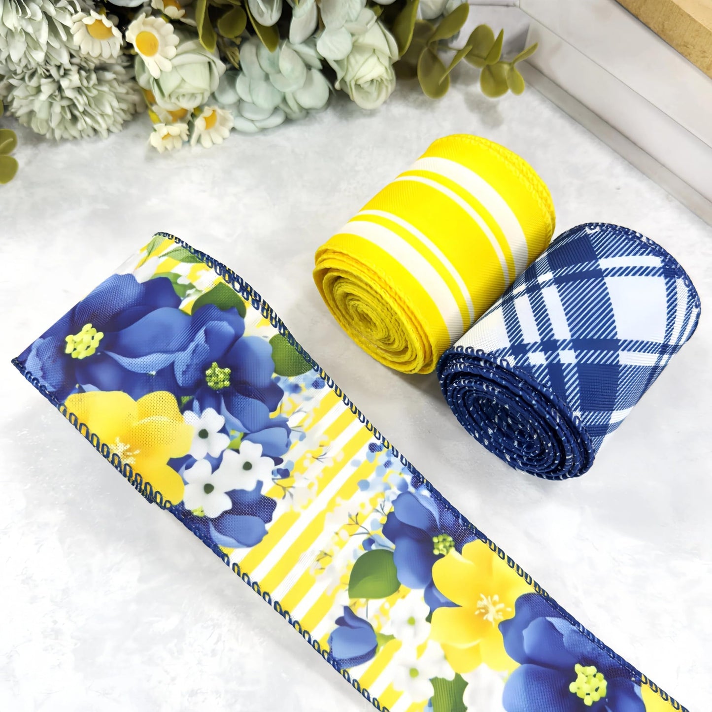 Spring Summer Blue Floral Wired Ribbon, Retro Yellow Blue Flower Ribbon for Bow Wreath Making DIY Gift Wrapping, Holiday Wedding Birthday Party Decorations, 3 Rolls, 2.5Inch,12 Yards (Blue)
