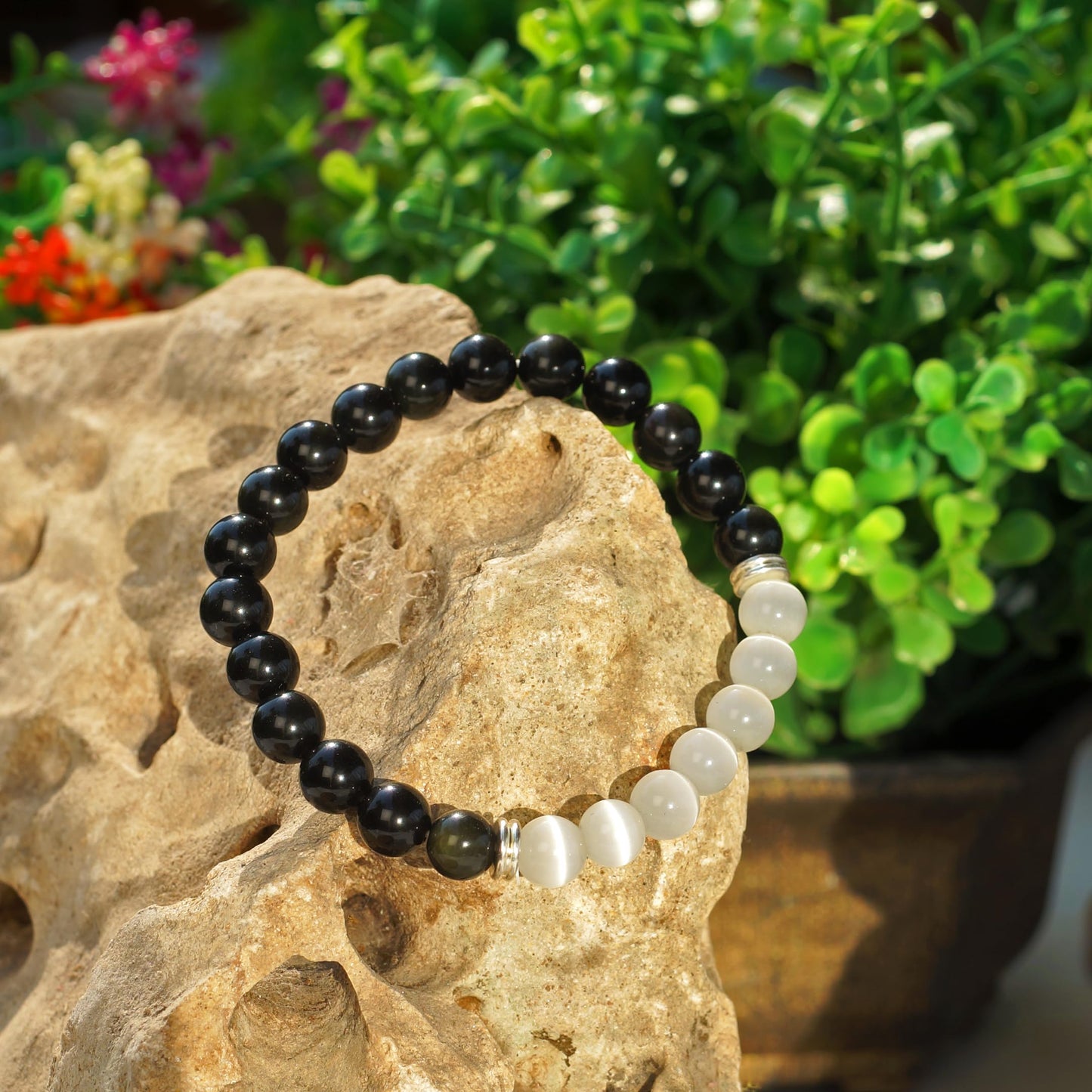 Black Obsidian & White Selenite Agate Bracelet – Chakra Healing Energy Balancing Crystal Bracelet for Protection & Mindfulness Gift