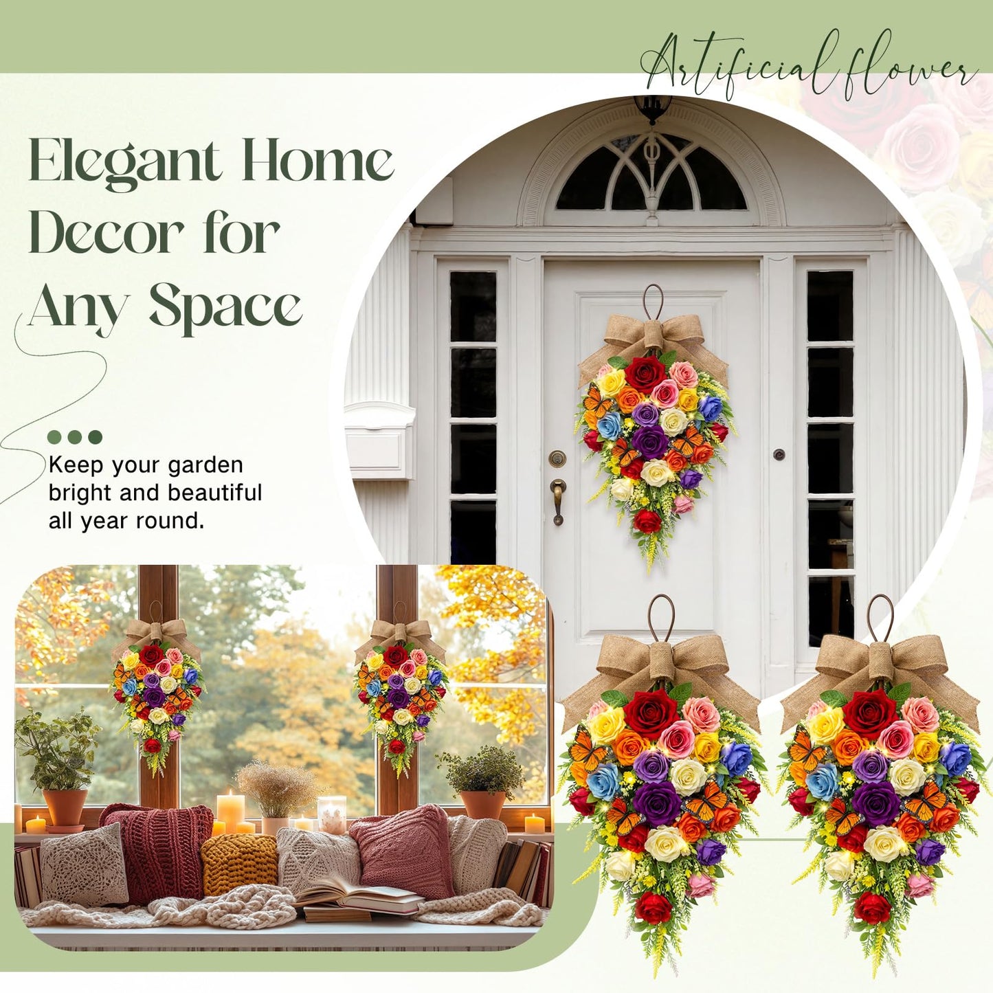 Norme 2 Pack Spring Teardrop Swag Pre-Lit, 23.6" Artificial Rose Teardrop Wreath for Front Door with Burlap Bow Butterflies for Porch Wall Window Stair