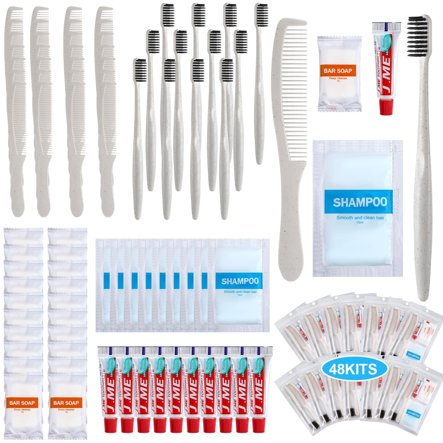 Hushee 48 Sets Personal Hygiene Kit Basic Toiletry Kit Homeless Care Package for Men Women Travel Charity Business Include Shampoo Toothbrush Toothpaste Comb and Bath(White)