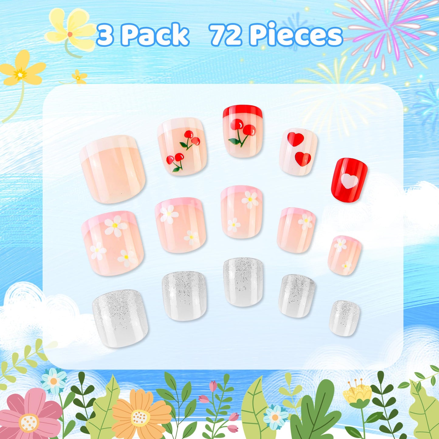 Kawyehu Kids Press on Nails Children Fake Nails 72PCS Artificial Nail Tips Adhesive Full Cover Short False Fingernails for Girls Kids Nail Decoration (Cherry Diamond Glitter)