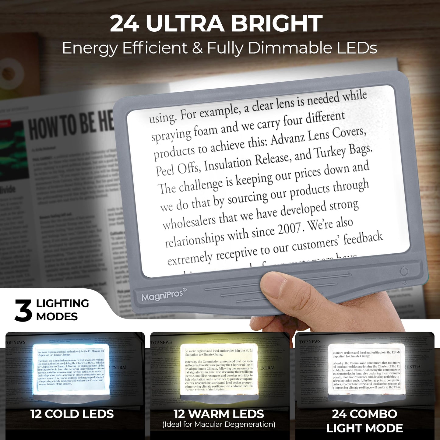 MAGNIPROS Patented 5X [Rechargeable] LED Page Magnifier with Foldable Stand | Eye Caring 3-Color Light Modes & Anti-Glare Lens for Reading Fine Print, Crafting, Low Vision & Seniors