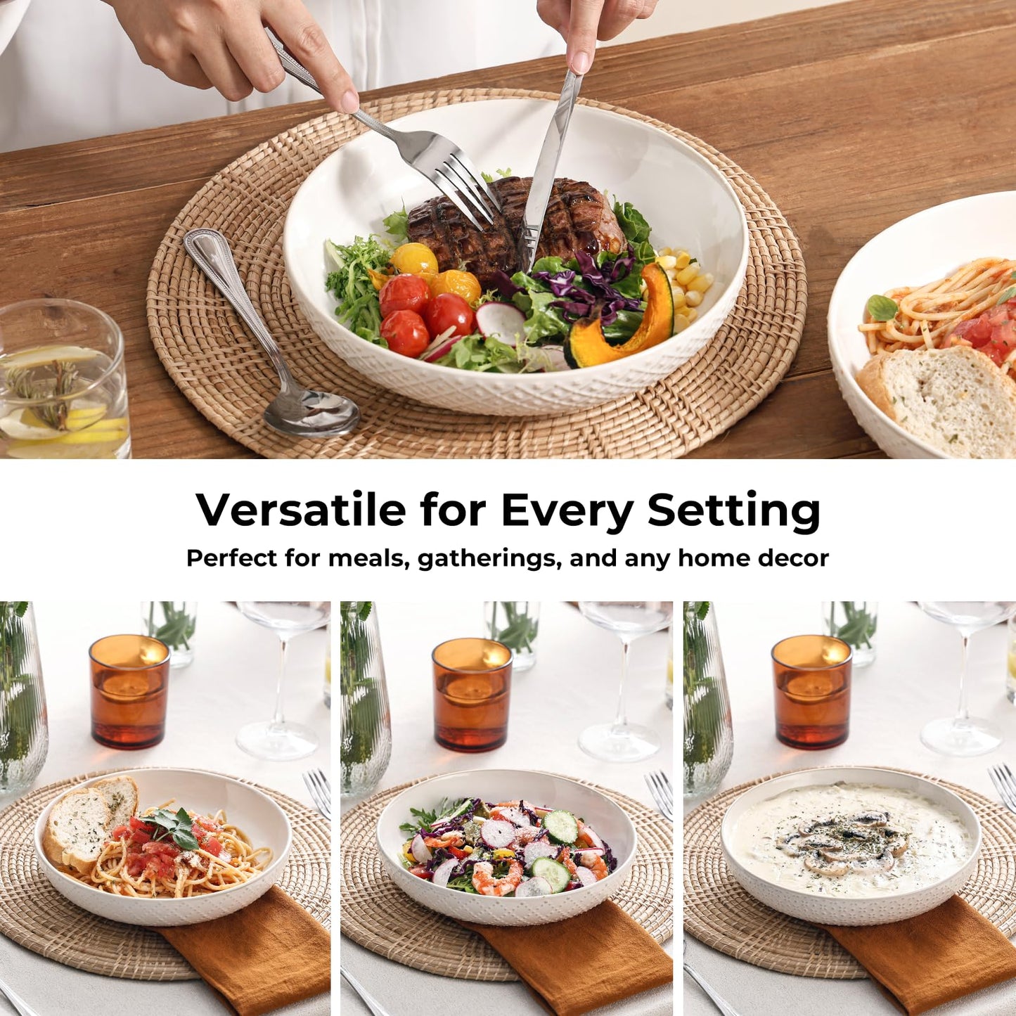 Y YHY 8.5" Pasta Bowls Set of 4, 30 oz Embossed Salad Bowls for Serving Soup, Noodle, Fruit, Dinner, Kitchen Deep Plates, Ceramic Dinnerware Sets, Soft White Dishes for Thanksgiving Day Gifts