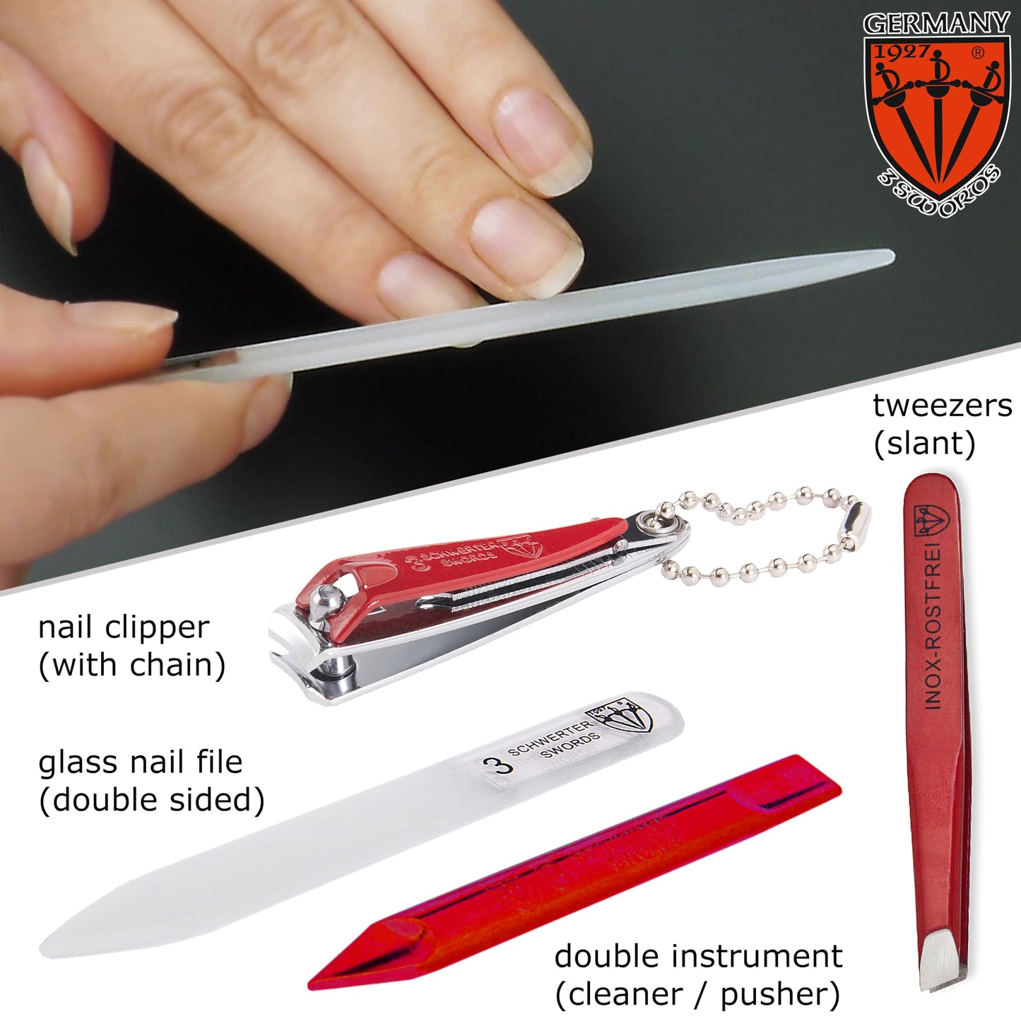 3 Swords Germany - Brand Quality 6 piece Manicure Pedicure Grooming kit Set - Scissors, Metal and Glass Nail File, Clipper, Tweezers with Synthetic Leather case - red/red Tools