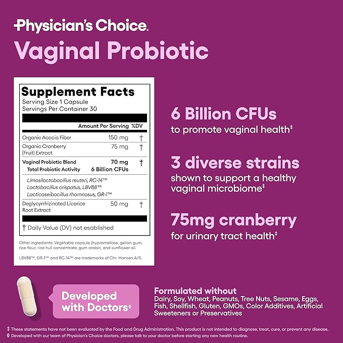 Physician's CHOICE Vaginal Probiotics for Women - pH Balance, Odor Control, Yeast Balance, Vaginal Flora & Feminine Health - 6B CFU with Organic Prebiotics and Cranberry Extract - 30 CT
