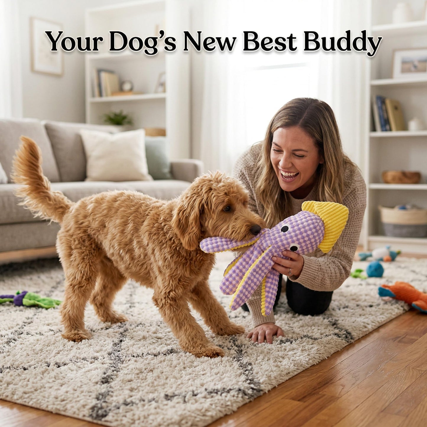 Paw-FECT Piece Soft Plush Squid Dog Toy, with Interactive Squeaker, Crinkle Legs and Fin, Great Companion and Emotional Support Durable Chew Toy, Breeds and Size Dogs
