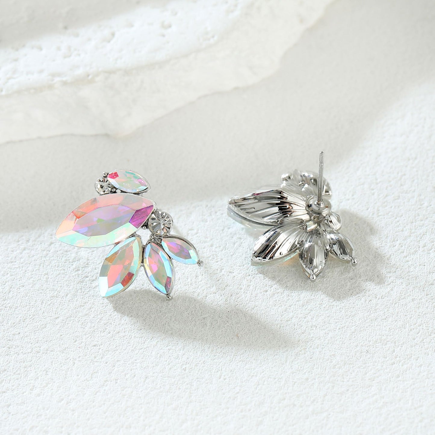 Iridescent Rhinestone Drop Earring Sparkly Wedding Earrings for Women Prom Party AB Faux Crystal Stud Earrings Silver-Tone