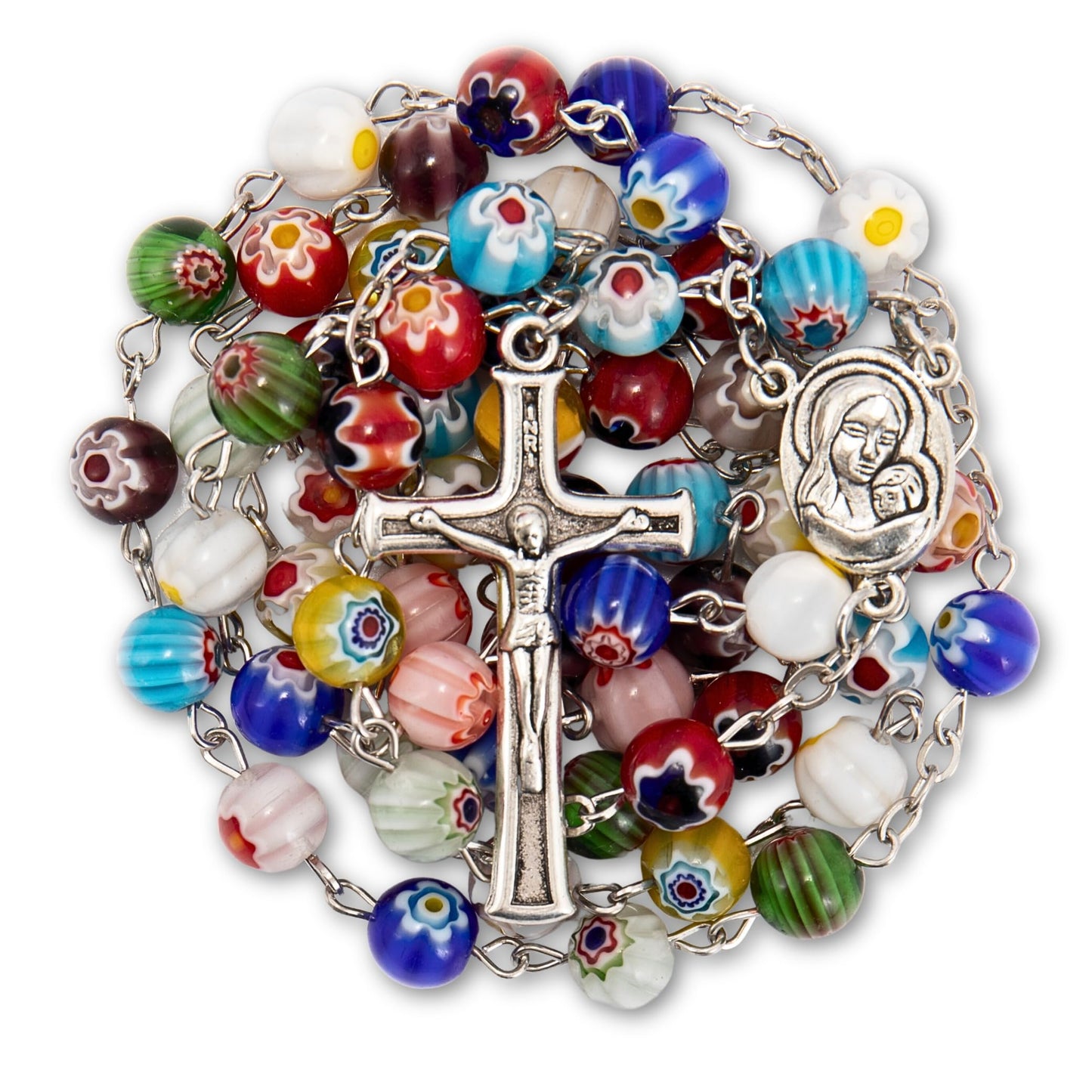 Nazareth Store Murano Glass Rosary Necklace Handmade Multicolor Millefiori Beads Rosario Holy Soil Medal and Cross Crucifix